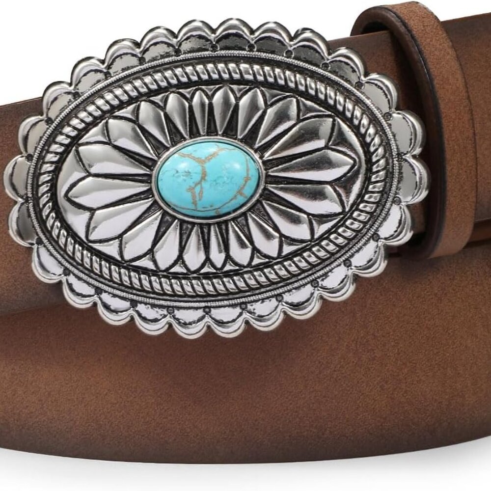 Women's Western Leather Belt Vintage Medieval Turquoise Buckle Belt Ladies Cowgi